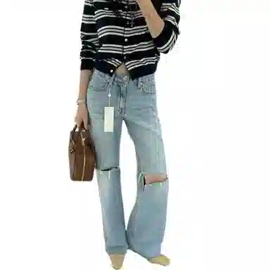 柏黛妃 撞色条纹圆领系扣温柔开衫针织衫 女款