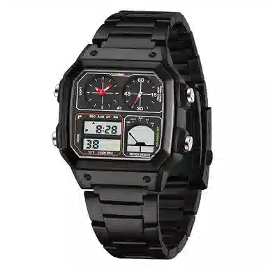 三达 简约大气复古方块腕表 双显示测温三地时间 电子+石英机芯 钢表带 国表 男表 黑色表盘 防水