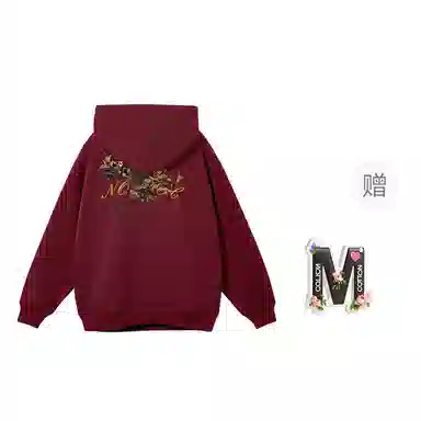 棉购 重磅黑金仿刺绣潮流连帽宽松加绒加厚中国风花卉印花上衣长袖卫衣 男女同款
