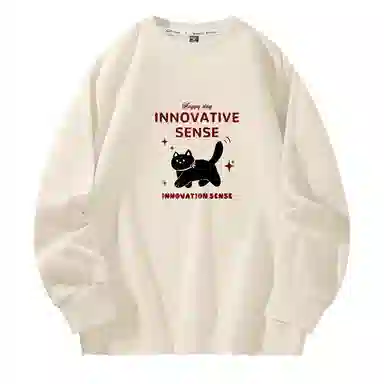 棉致 领结小猫简约纯色复古休闲柔软抗皱舒适基础百搭美式街头宽松落肩套头圆领卫衣 男女同款