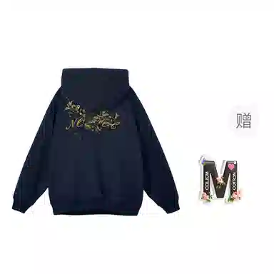 棉购 重磅黑金仿刺绣潮流连帽宽松加绒加厚中国风花卉印花上衣长袖卫衣 男女同款