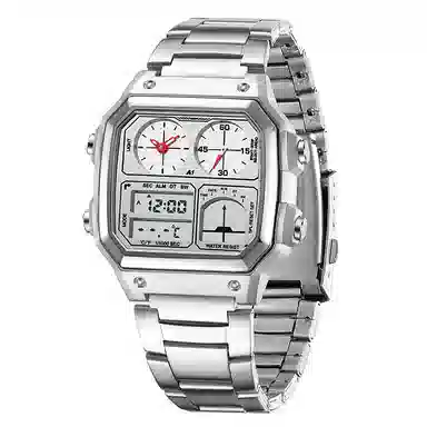 三达 简约大气复古方块腕表 双显示测温三地时间 电子+石英机芯 钢表带 国表 男表 黑色表盘 防水