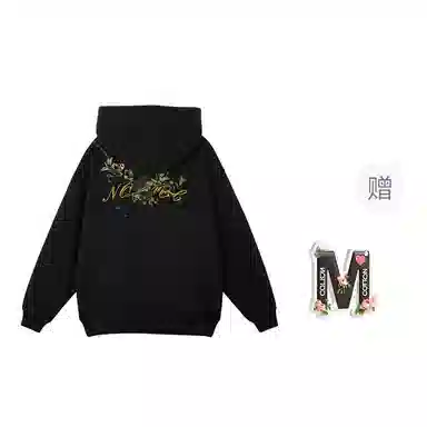 棉购 重磅黑金仿刺绣潮流连帽宽松加绒加厚中国风花卉印花上衣长袖卫衣 男女同款