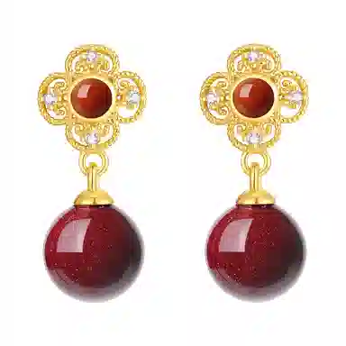 福茹记 【朱事如意】四叶如意纹  新中式复古红色大气显白 朱砂 耳钉 女款