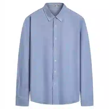 与狼共舞 纯棉纽扣翻领纯色商务休闲牛津纺长袖衬衫 男女同款 深蓝