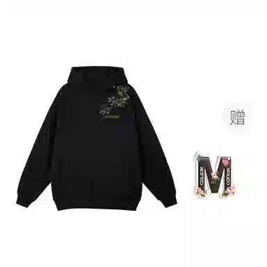 棉购 重磅黑金仿刺绣潮流连帽宽松加绒加厚中国风花卉印花上衣长袖卫衣 男女同款