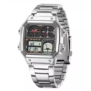 三达 简约大气复古方块腕表 双显示测温三地时间 电子+石英机芯 钢表带 国表 男表 黑色表盘 防水