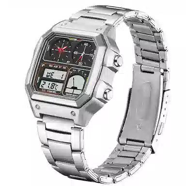 三达 简约大气复古方块腕表 双显示测温三地时间 电子+石英机芯 钢表带 国表 男表 黑色表盘 防水