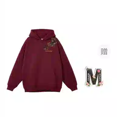棉购 重磅黑金仿刺绣潮流连帽宽松加绒加厚中国风花卉印花上衣长袖卫衣 男女同款