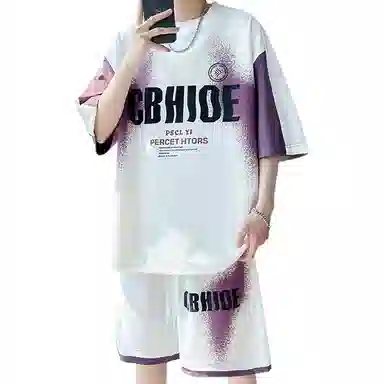 顶峰保罗 冰丝圆领字母印花百搭宽松潮牌学院风无性别主义休闲运动套装 男女同款