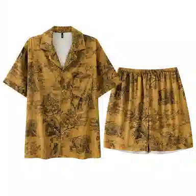 夏芬妍 高级感轻奢复古印花冰雪丝翻领家居服舒适休闲短袖短裤凉感时尚可外穿夏季睡衣套装 男款