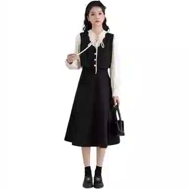 柏黛妃 法式中长款系带拼接假两件长袖连衣裙 女款