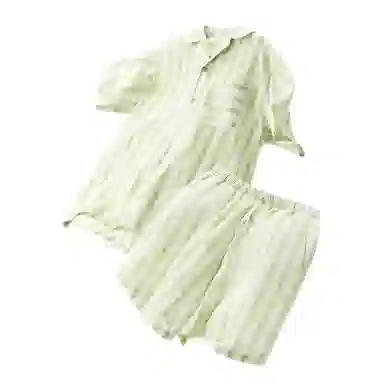 顶瓜瓜 棉质短袖短裤翻领开衫清新条纹两件套家居服夏季睡衣套装 女款
