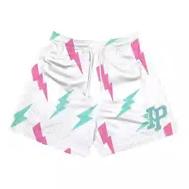 泡泡陷阱 美式高街闪电字母印花网眼痞帅日常户外运动透气凉感速干沙滩裤休闲宽松舒适百搭直筒松紧腰短裤三分篮球裤 男女同款