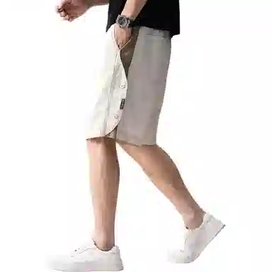 贵色 夏季 时尚高端轻奢撞色拼接侧边纽扣设计感休闲男士潮牌美式复古高街痞帅日常出行穿搭宽松五分裤工装短裤 直筒松紧腰 男女同款