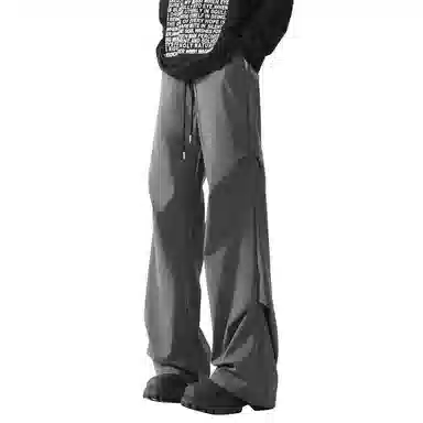 顶峰保罗 美式冰丝褶皱工装直筒无性别主义户外登山骑行运动健身阔腿伞兵解构设计长裤弹力抽绳显高百搭宽松大码高街潮牌休闲裤 男女同款