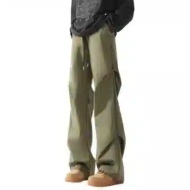 顶峰保罗 美式冰丝褶皱工装直筒无性别主义户外登山骑行运动健身阔腿伞兵解构设计长裤弹力抽绳显高百搭宽松大码高街潮牌休闲裤 男女同款