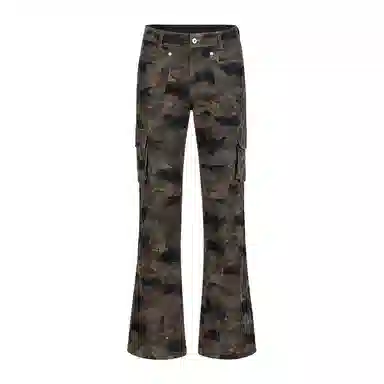 顶峰保罗 美式复古迷彩多口袋工装无性别主义微喇阔腿街头低腰高街伐木弹力长裤宽松百搭嘻哈休闲裤 男女同款