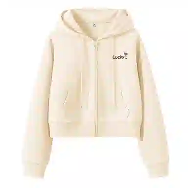 棉致 幸运笑脸简约休闲学院风舒适通勤百搭柔软短款宽松落肩挺括抗皱拉链开衫贴袋连帽卫衣 女款