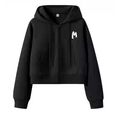 棉致 简约字母休闲学院风舒适通勤百搭柔软短款宽松落肩挺括抗皱拉链开衫贴袋连帽卫衣 女款