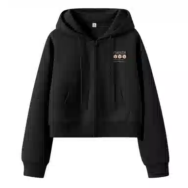 棉致 针织花朵简约休闲学院风舒适通勤百搭柔软短款宽松落肩挺括抗皱拉链开衫贴袋连帽卫衣 女款