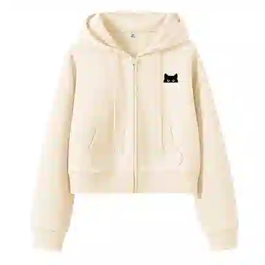 棉致 躲藏猫简约休闲学院风舒适通勤百搭柔软短款宽松落肩挺括抗皱拉链开衫贴袋连帽卫衣 女款