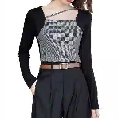 兰缪 时尚设计感甜酷辣妹内搭短款长袖方领上衣小众修身百搭针织衫 女款