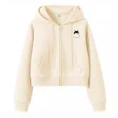 棉致 口袋猫简约休闲学院风舒适通勤百搭柔软短款宽松落肩挺括抗皱拉链开衫贴袋连帽卫衣 女款