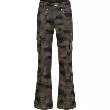 顶峰保罗 美式复古迷彩多口袋工装无性别主义微喇阔腿街头低腰高街伐木弹力长裤宽松百搭嘻哈休闲裤 男女同款