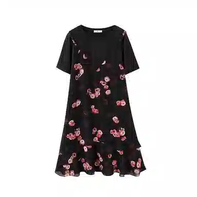 云妃秀 大码女装短袖连衣裙圆领印花时尚休闲宽松显瘦遮肉胖妹妹夏季 女款