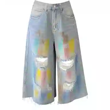 桴生 美式复古彩色喷漆破洞七分裤女夏季宽松显瘦直筒阔腿牛仔裤 女款