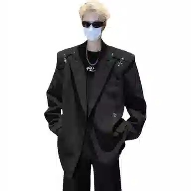 美式高街小众解构金属飞机扣垫肩痞帅休闲高级感纯色宽松百搭外套西装 男女同款