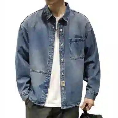 路杰邦 牛仔外套男秋季潮牌宽松时尚开衫工装翻领长袖夹克衣服衬衫 男款