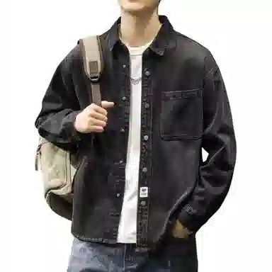 路杰邦 牛仔外套男秋季潮牌宽松时尚开衫工装翻领长袖夹克衣服衬衫 男款