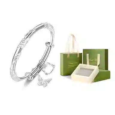 琉堇 繁花似锦蝴蝶如梦 花丝浮雕新中式轻奢小众古风素圈镯子 平安吉祥招财小猫百搭甜妹 礼盒款#好运 纯银 可推拉合金手镯 女款