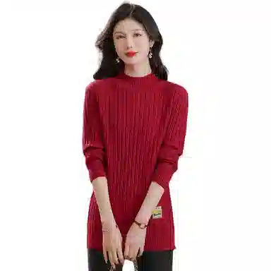 恒源祥 修身显瘦半高领纯色质感中长款长袖针织衫 女款