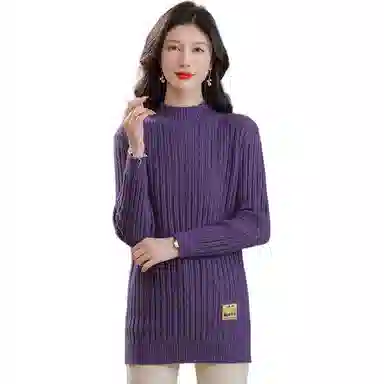 恒源祥 修身显瘦半高领纯色质感中长款长袖针织衫 女款