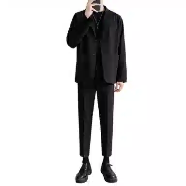 顶峰保罗 冰丝纯色通勤极简风西服外套内搭九分裤一整套宽松大码百搭简约时尚垂感英伦休闲西装套装 男女同款