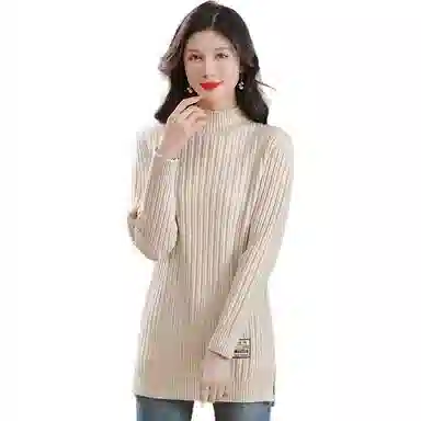 恒源祥 修身显瘦半高领纯色质感中长款长袖针织衫 女款