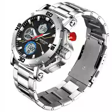 三达 时尚潮流男士双显示学生腕表 电子+石英机芯 钢表带 国表 男表 黑色表盘 防水