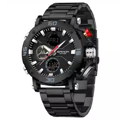 三达 时尚潮流男士双显示学生腕表 电子+石英机芯 钢表带 国表 男表 黑色表盘 防水