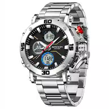 三达 时尚潮流男士双显示学生腕表 电子+石英机芯 钢表带 国表 男表 黑色表盘 防水