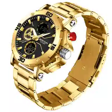 三达 时尚潮流男士双显示学生腕表 电子+石英机芯 钢表带 国表 男表 黑色表盘 防水