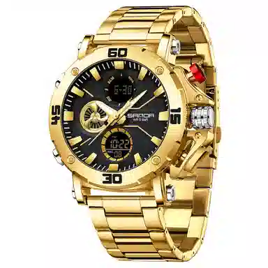 三达 时尚潮流男士双显示学生腕表 电子+石英机芯 钢表带 国表 男表 黑色表盘 防水