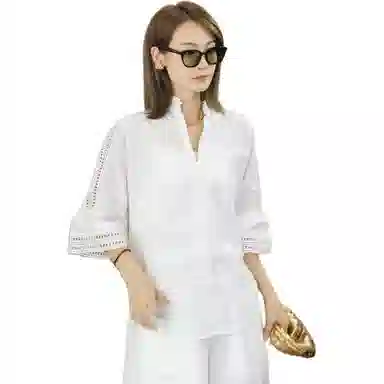 美洋 棉麻蕾丝镂空立领衬衫 女款