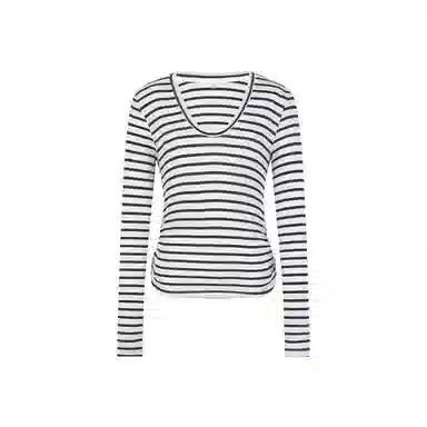 美洋 知青条纹天丝羊毛撞色截短上衣 女款