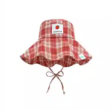 心水好物 韩系纯欲风草莓红色格子春夏季系带户外露营通勤遮阳大帽檐盆帽 棉 渔夫帽 女款