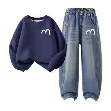 FAIRWHALE Casual Sports Set Basic Crewneck Sweatshirt Split Straight Pants Kids Autumn