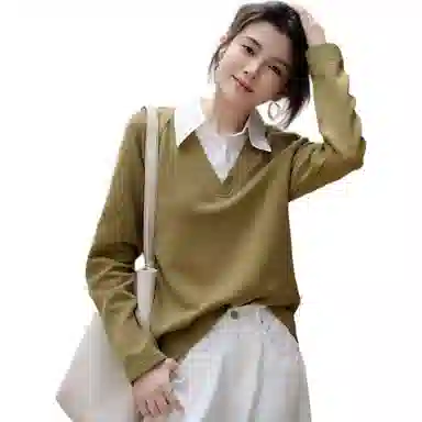 【dme】 秋季高智假两件拼色翻领宽松舒适时尚简约休闲百搭卫衣 女款