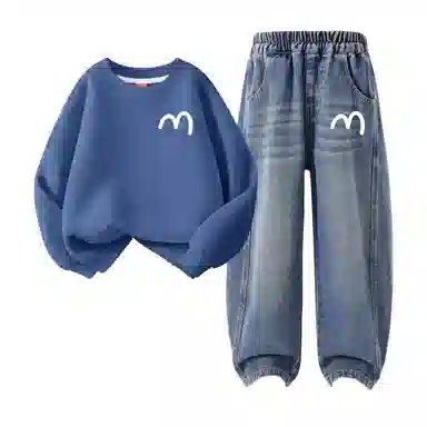 FAIRWHALE Casual Sports Set Basic Crewneck Sweatshirt Split Straight Pants Kids Autumn